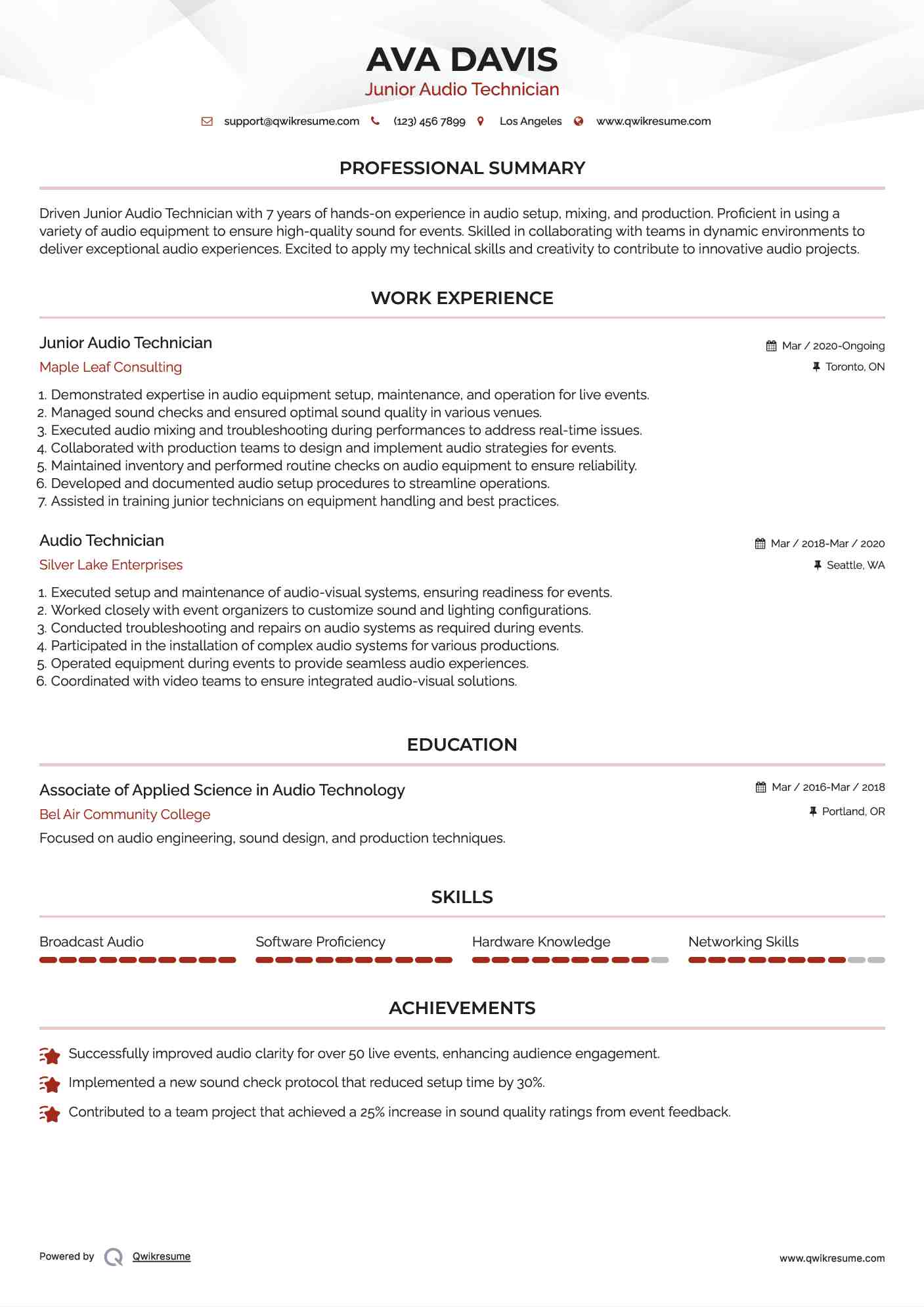 Junior Audio Technician Resume Sample