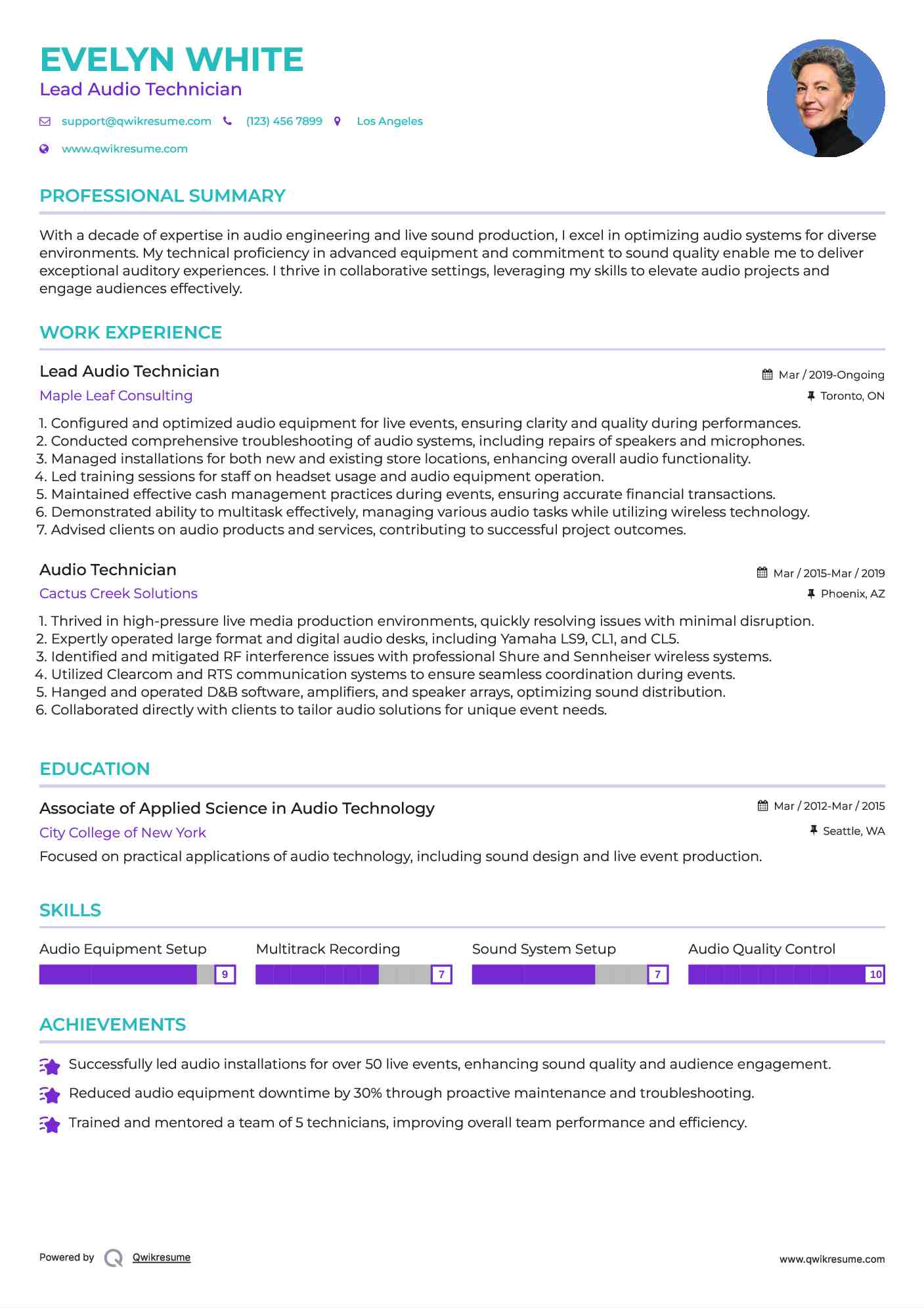 Lead Audio Technician Resume Example