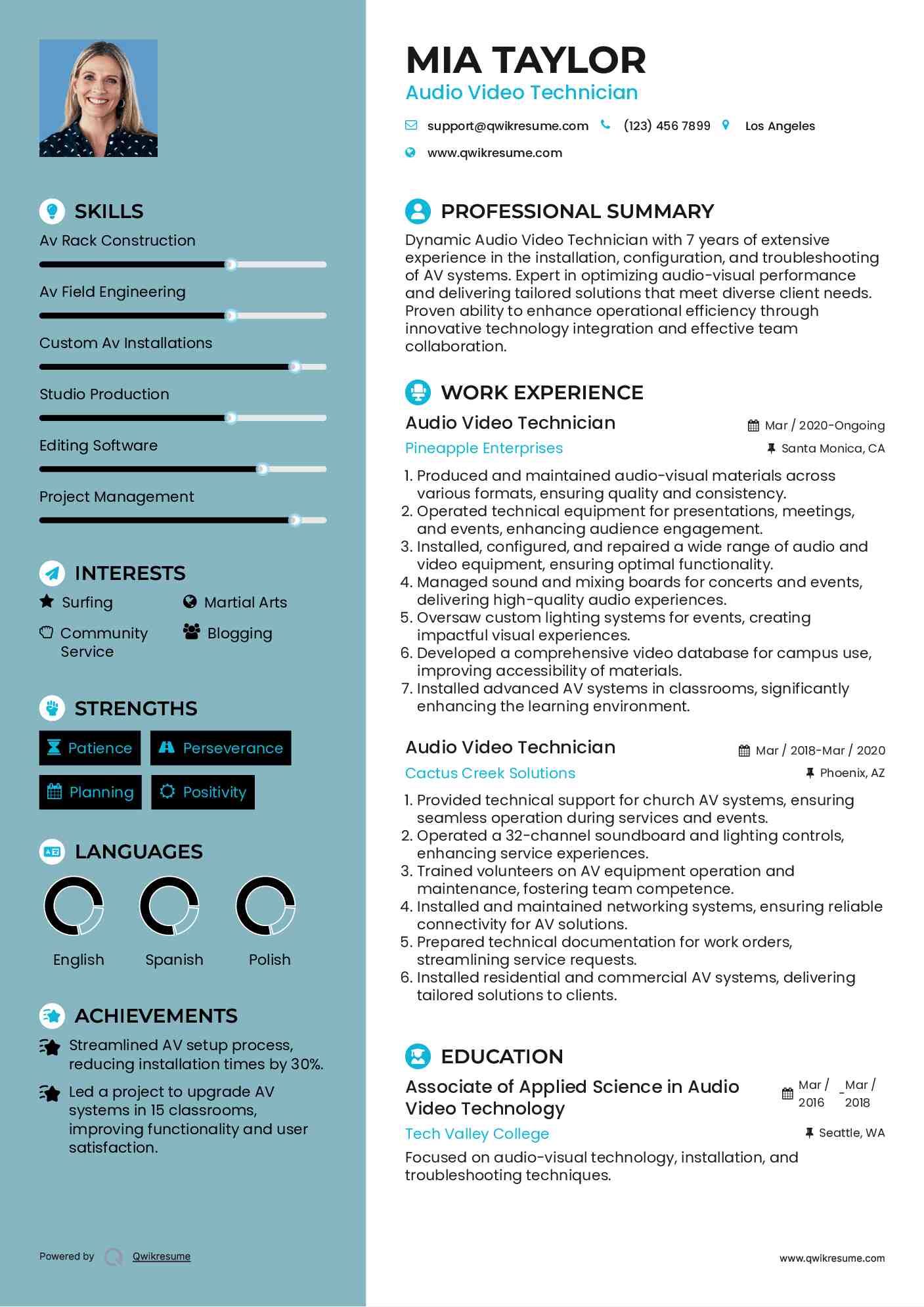 Audio Video Technician Resume Samples QwikResume