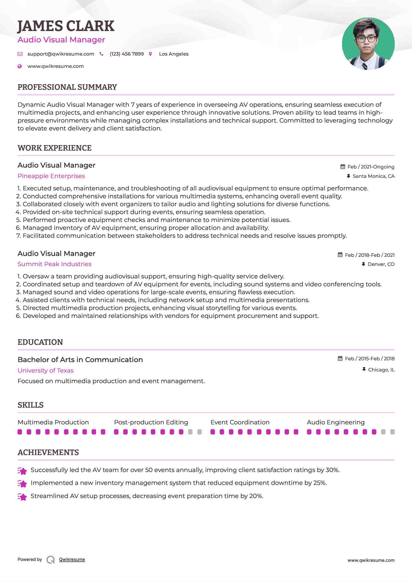 Audio Visual Manager Resume Samples QwikResume