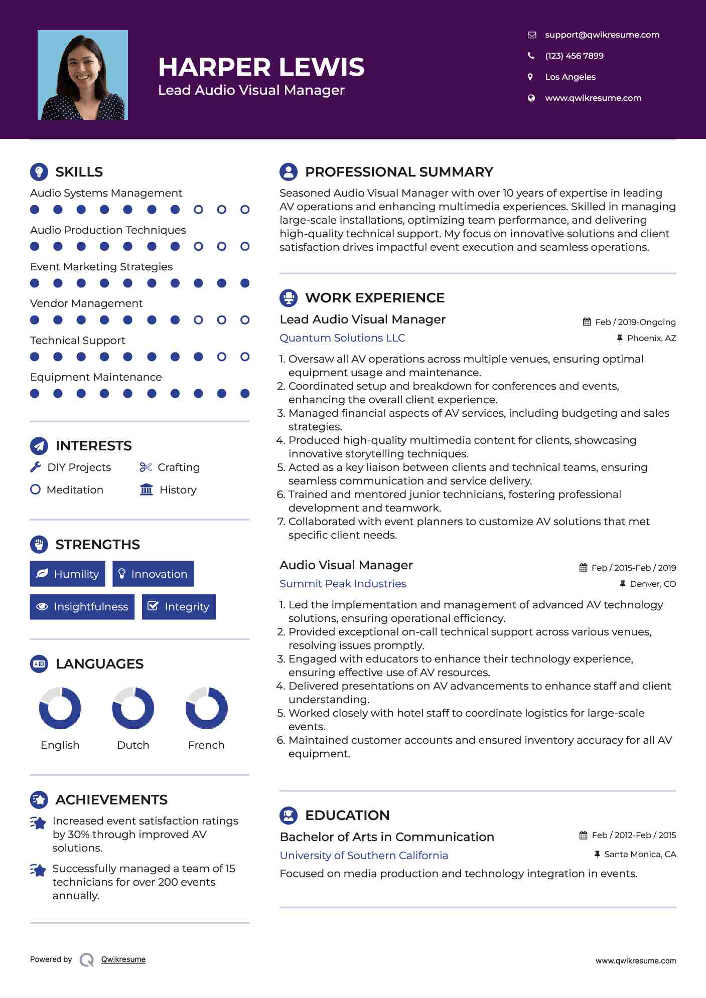 Audio Visual Manager Resume Samples QwikResume