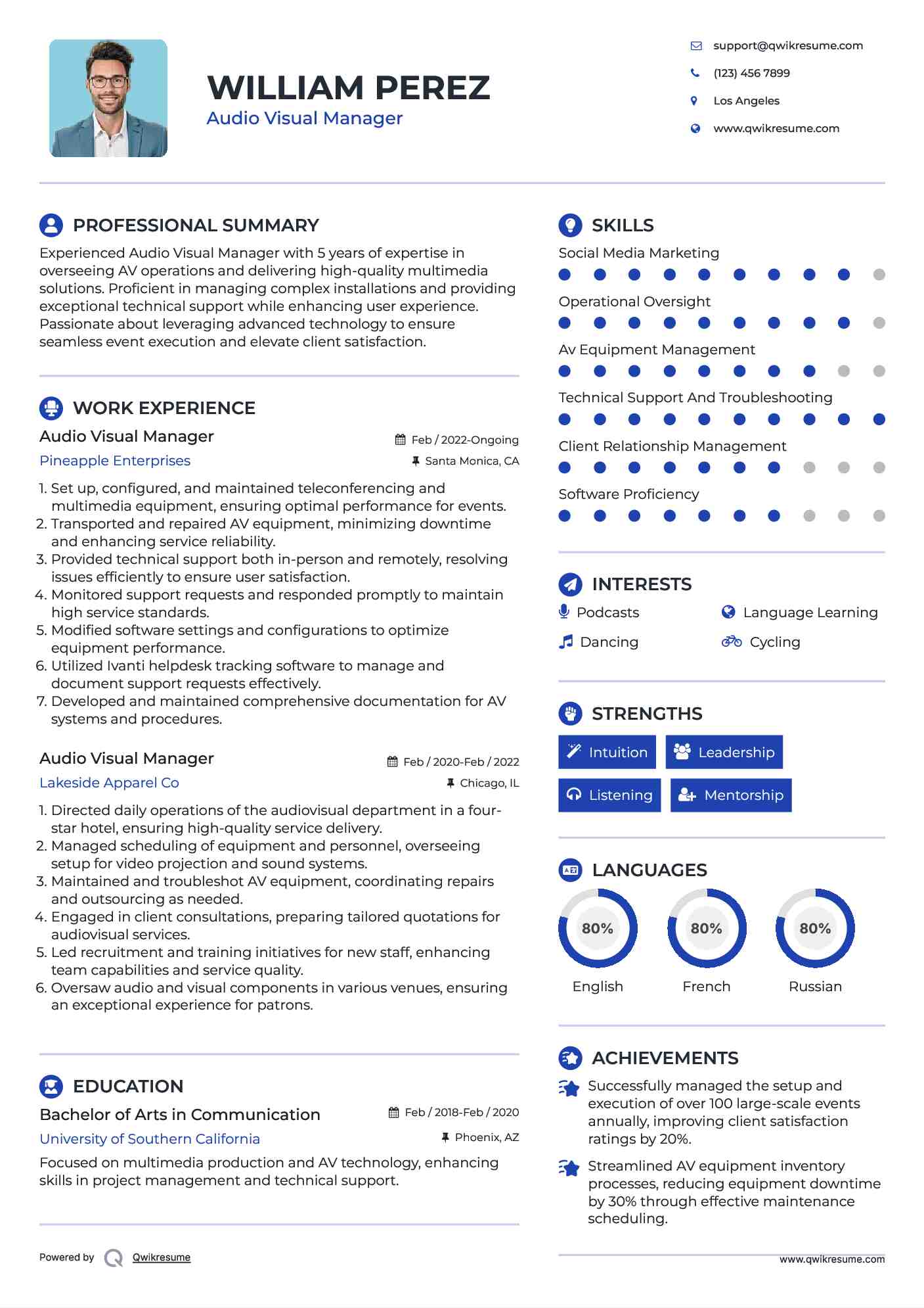 Audio Visual Manager Resume Samples QwikResume