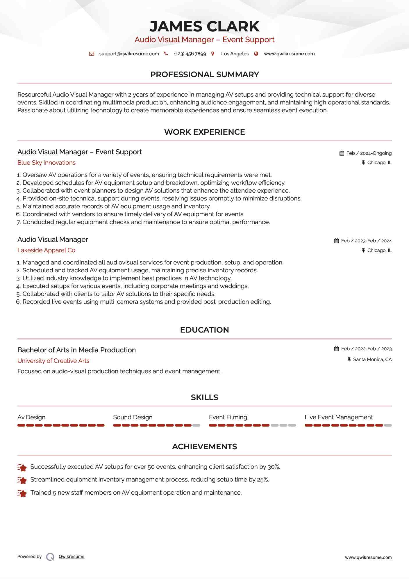 Audio Visual Manager Resume Samples QwikResume