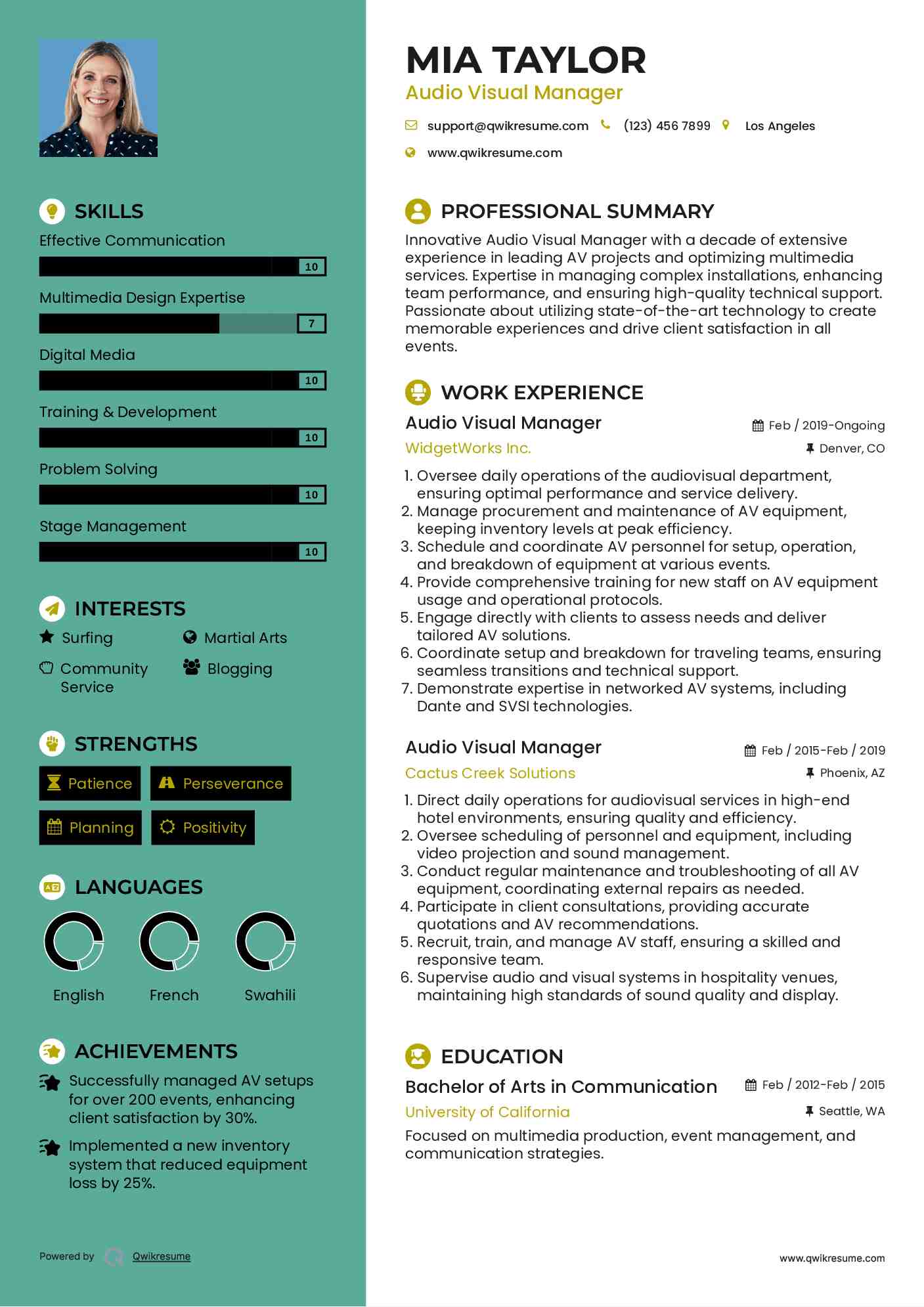 Audio Visual Manager Resume Samples QwikResume