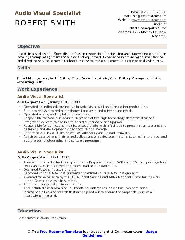 Audio Visual Specialist Resume Samples QwikResume