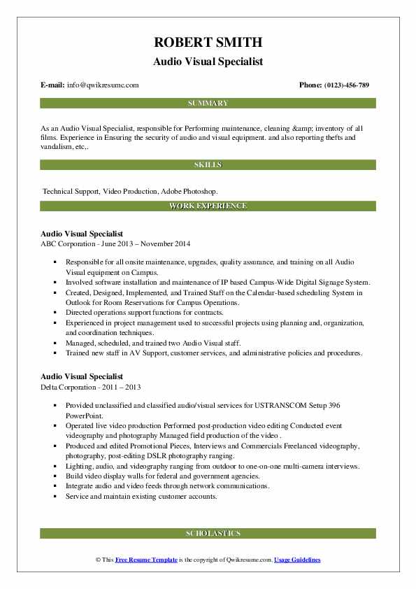Audio Visual Specialist Resume Samples QwikResume