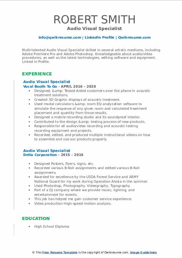 Audio Visual Specialist Resume Samples QwikResume