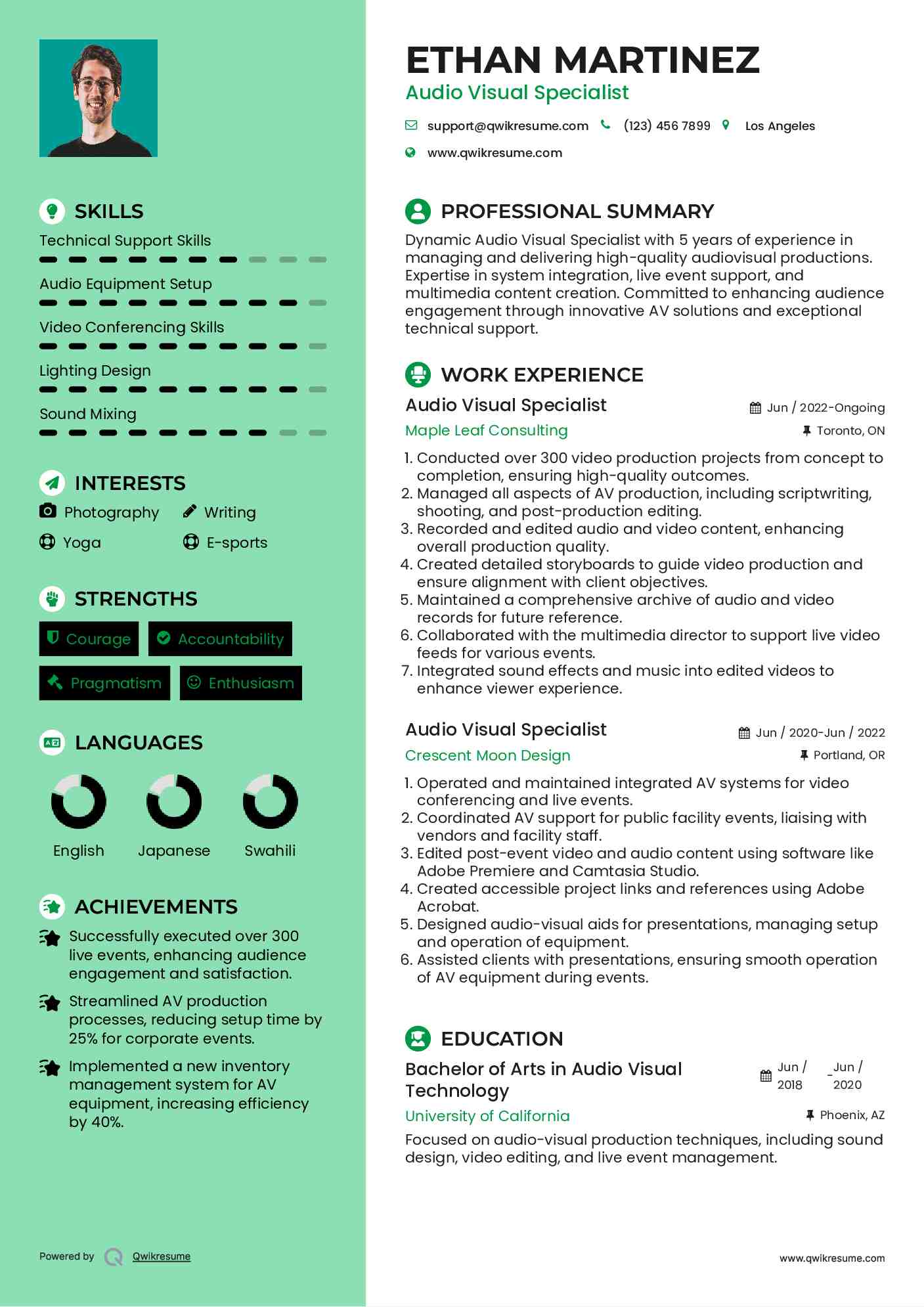 Audio Visual Specialist Resume Samples QwikResume