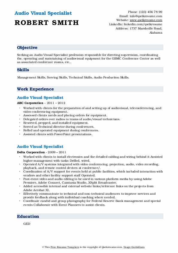 Audio Visual Specialist Resume Samples QwikResume