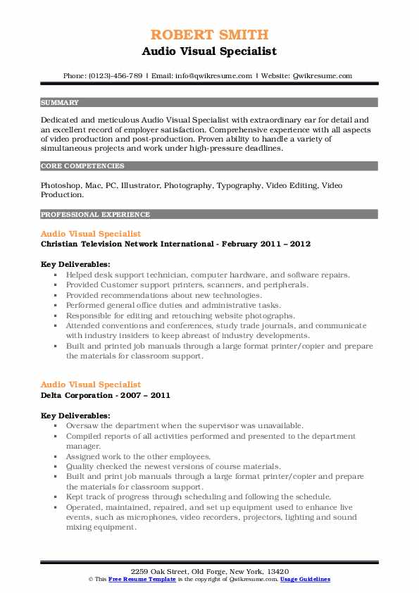 Audio Visual Specialist Resume Samples QwikResume