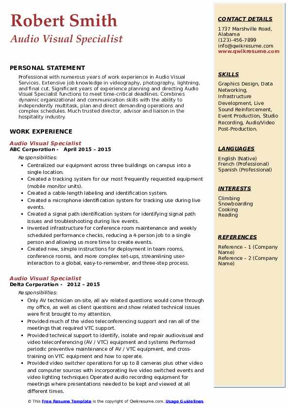 Audio Visual Specialist Resume Samples QwikResume