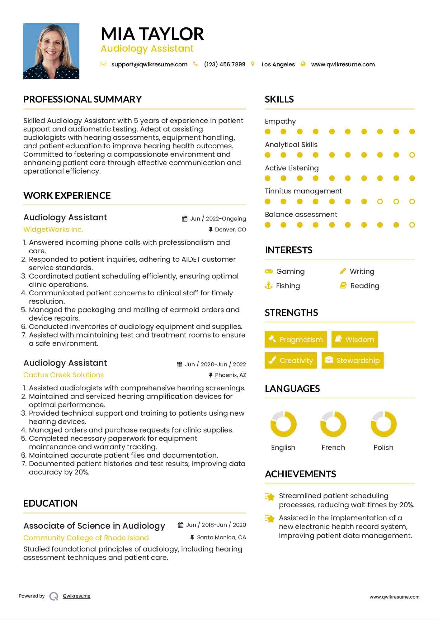 Audiology Assistant Resume Format