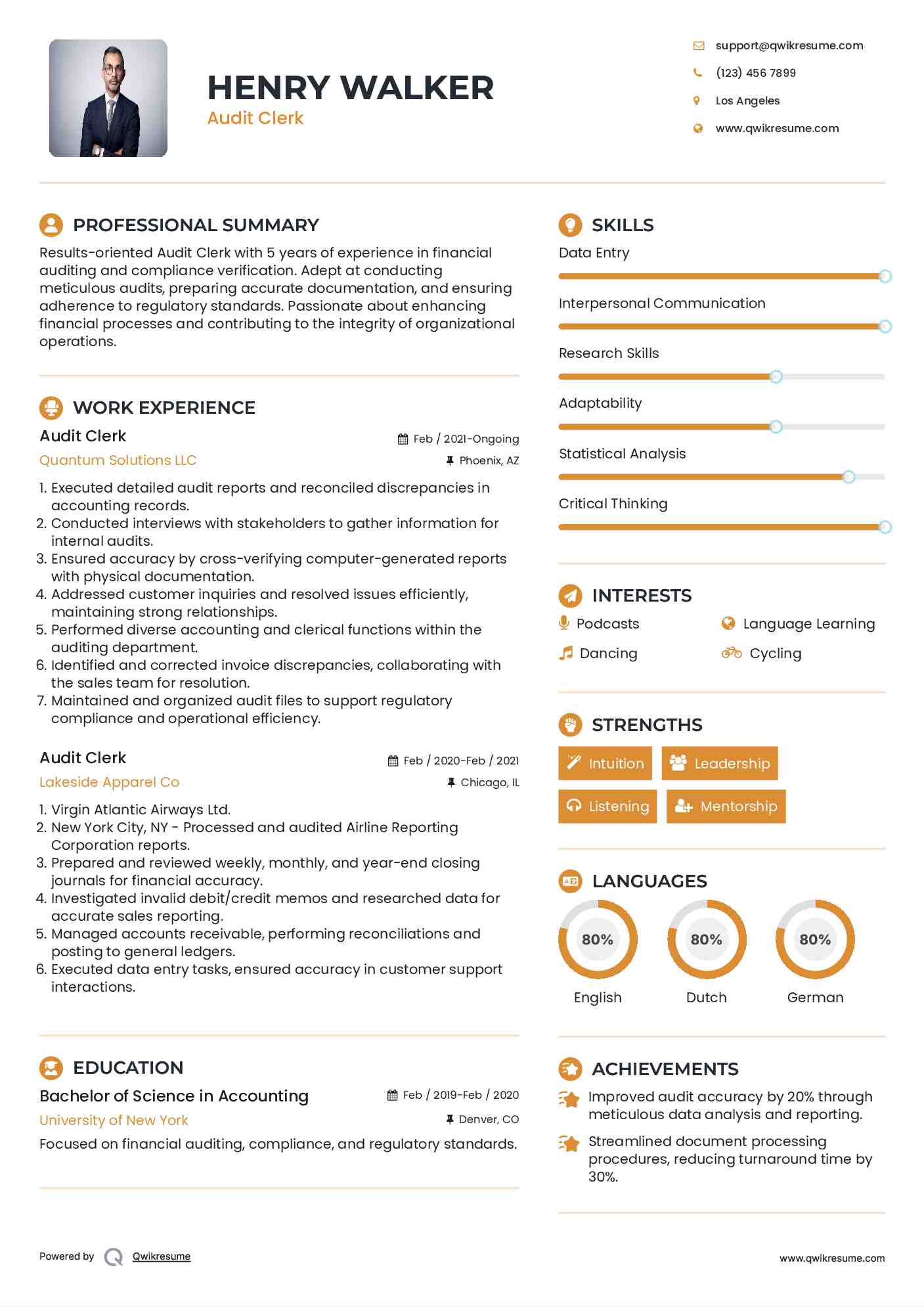 Audit Clerk Resume Example