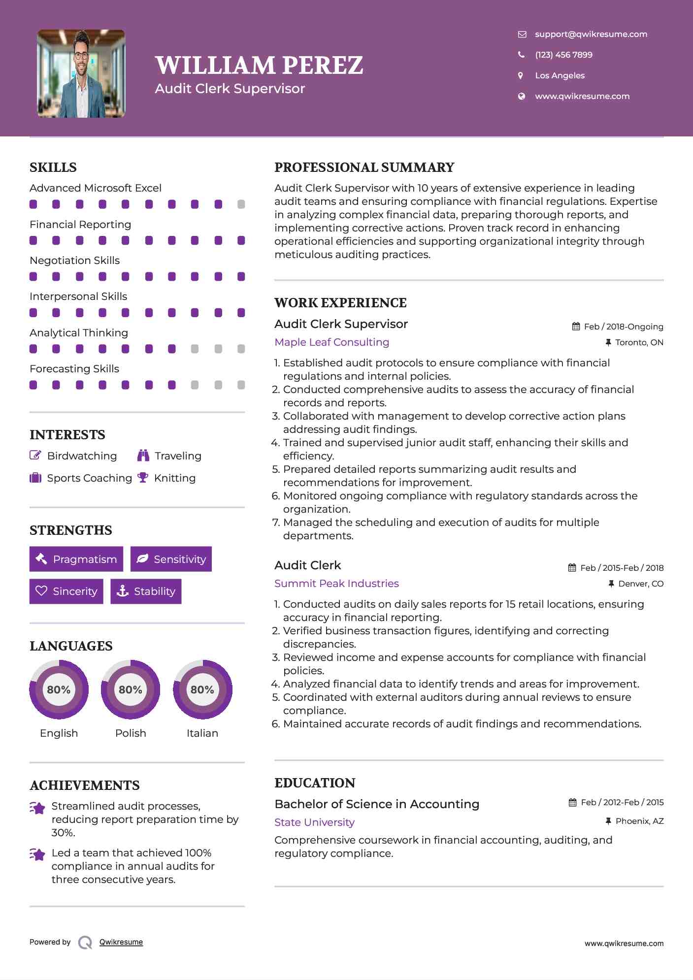 Audit Clerk Supervisor Resume Example