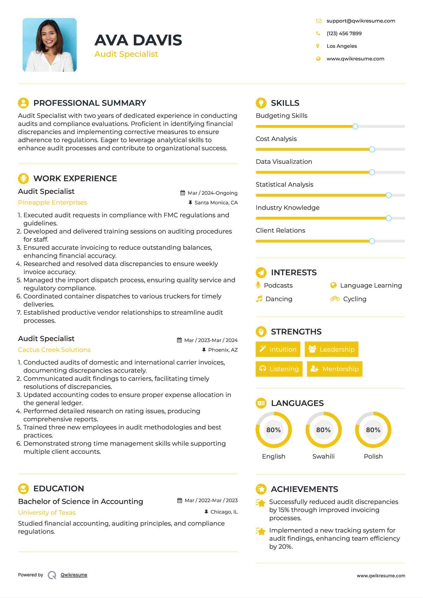 Audit Specialist Resume Example