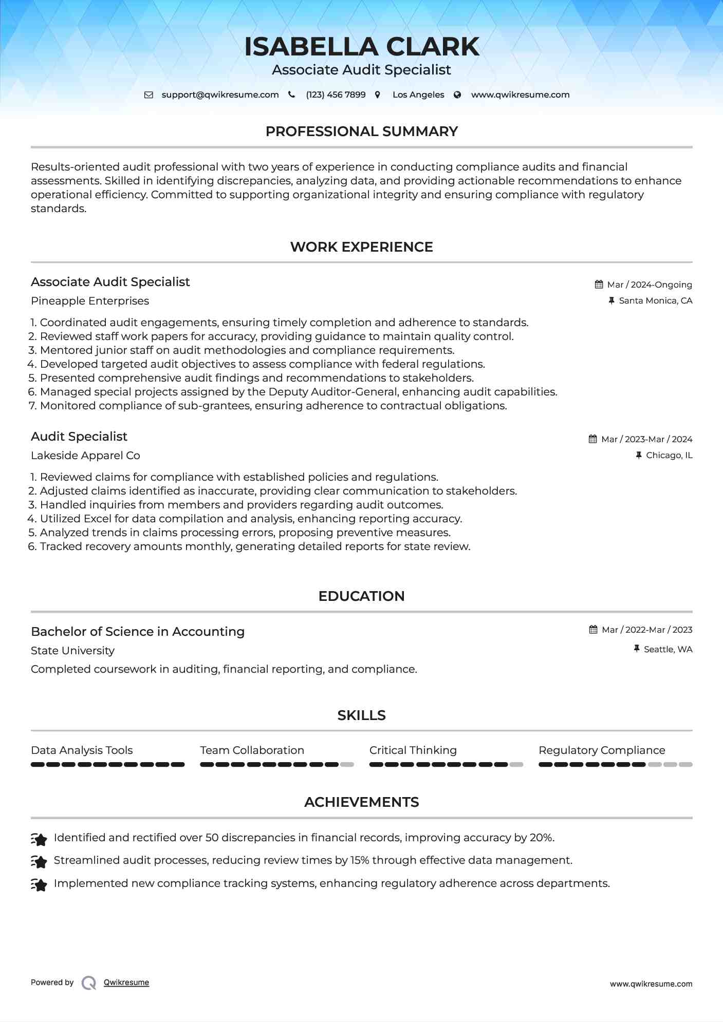 Associate Audit Specialist Resume Format