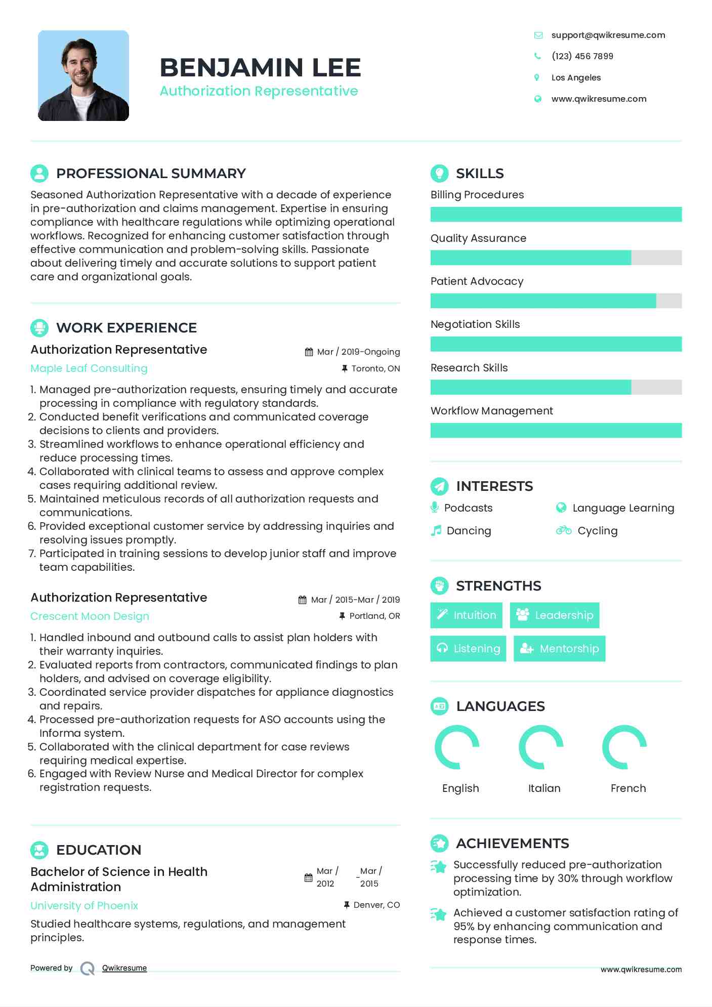Authorization Representative Resume Example