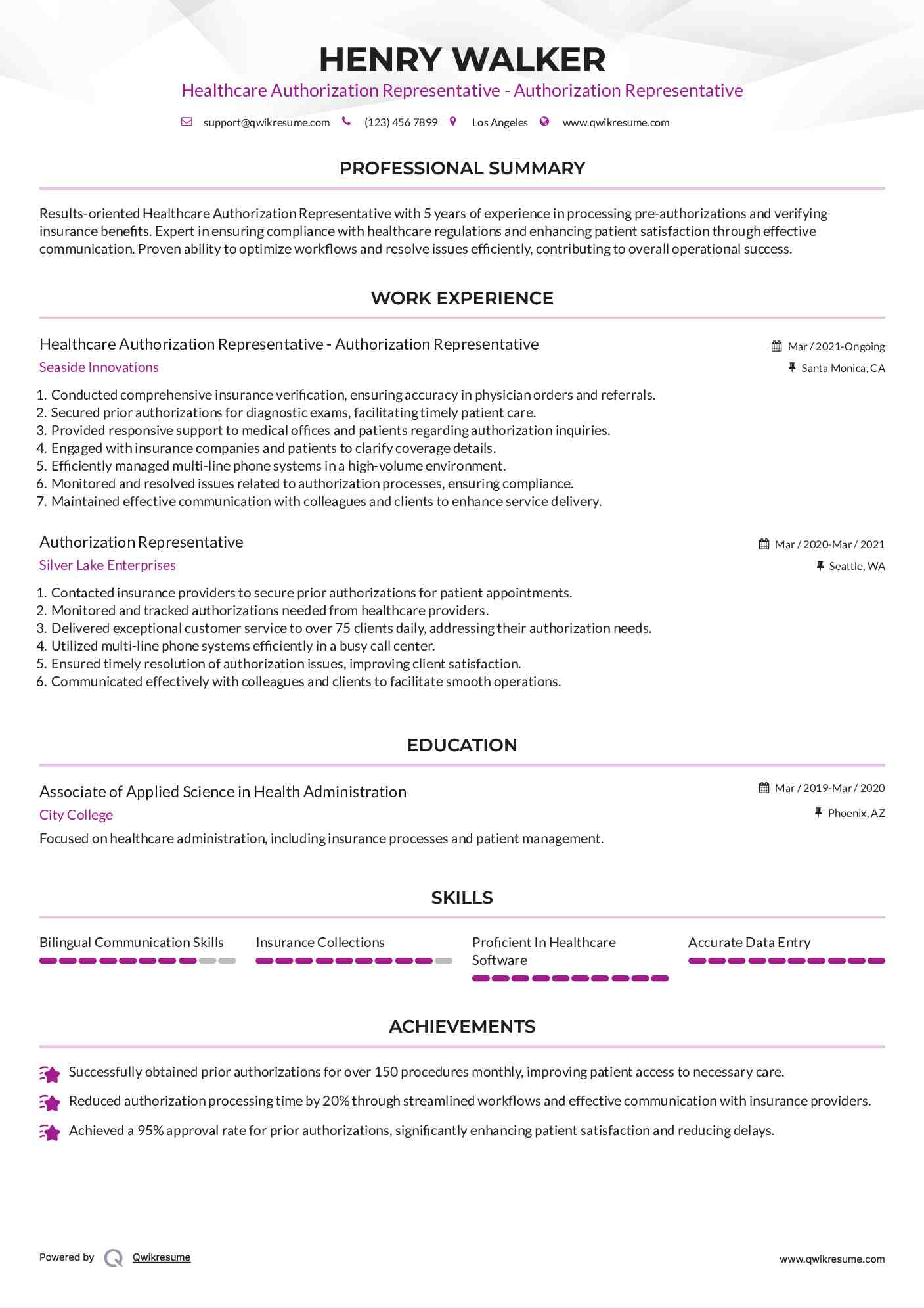 Healthcare Authorization Representative - Authorization Representative Resume Template