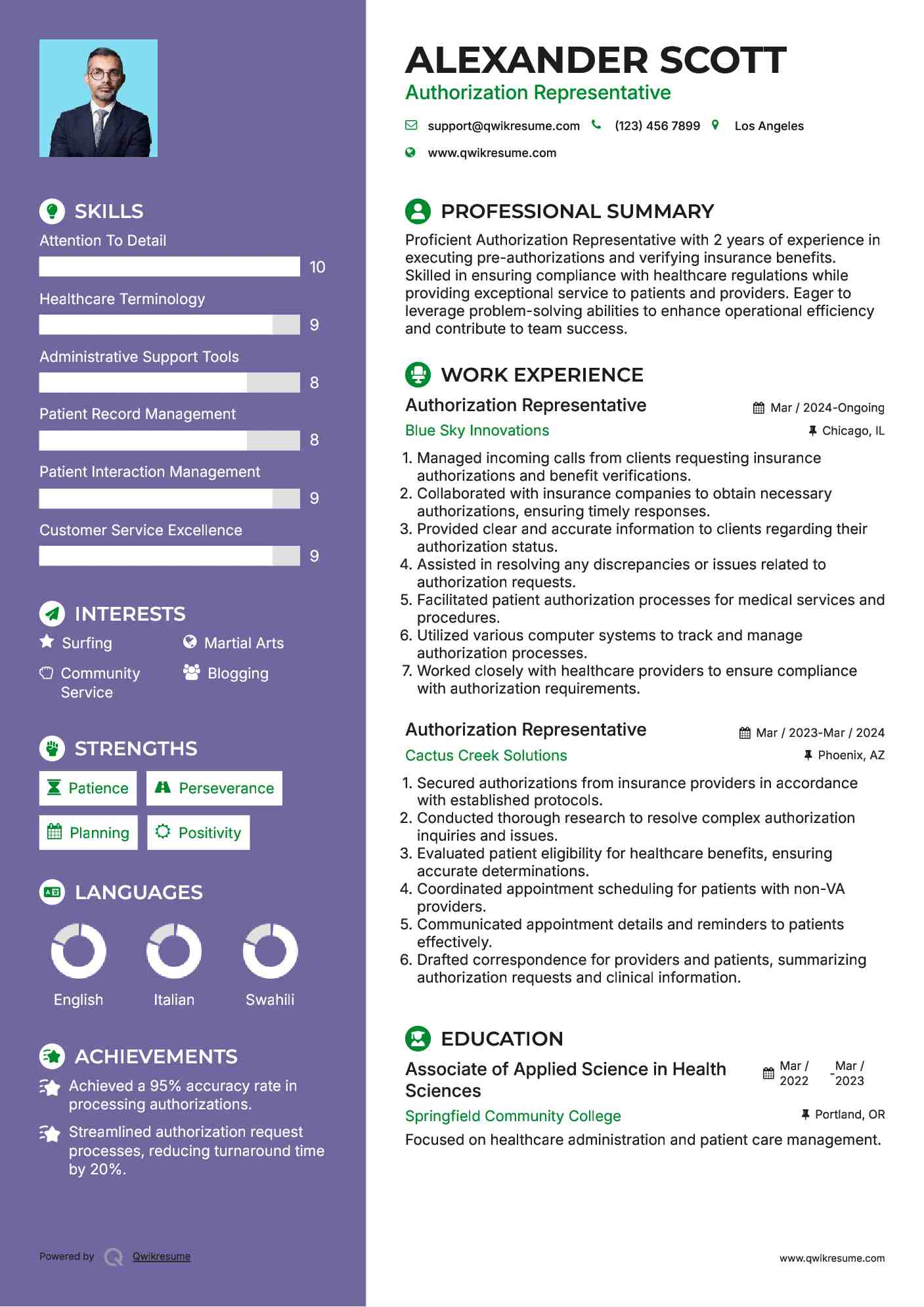 Authorization Representative Resume Example