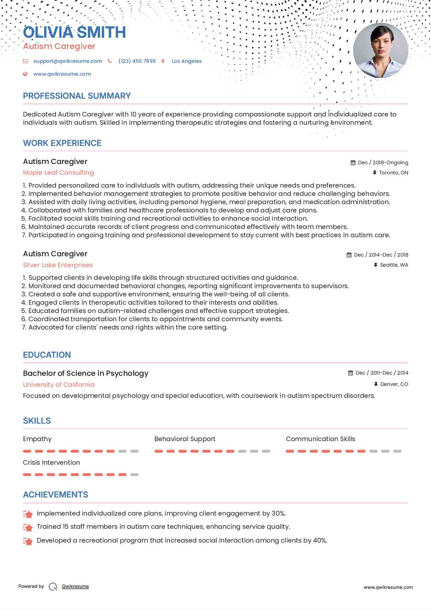 Autism Caregiver Resume Example