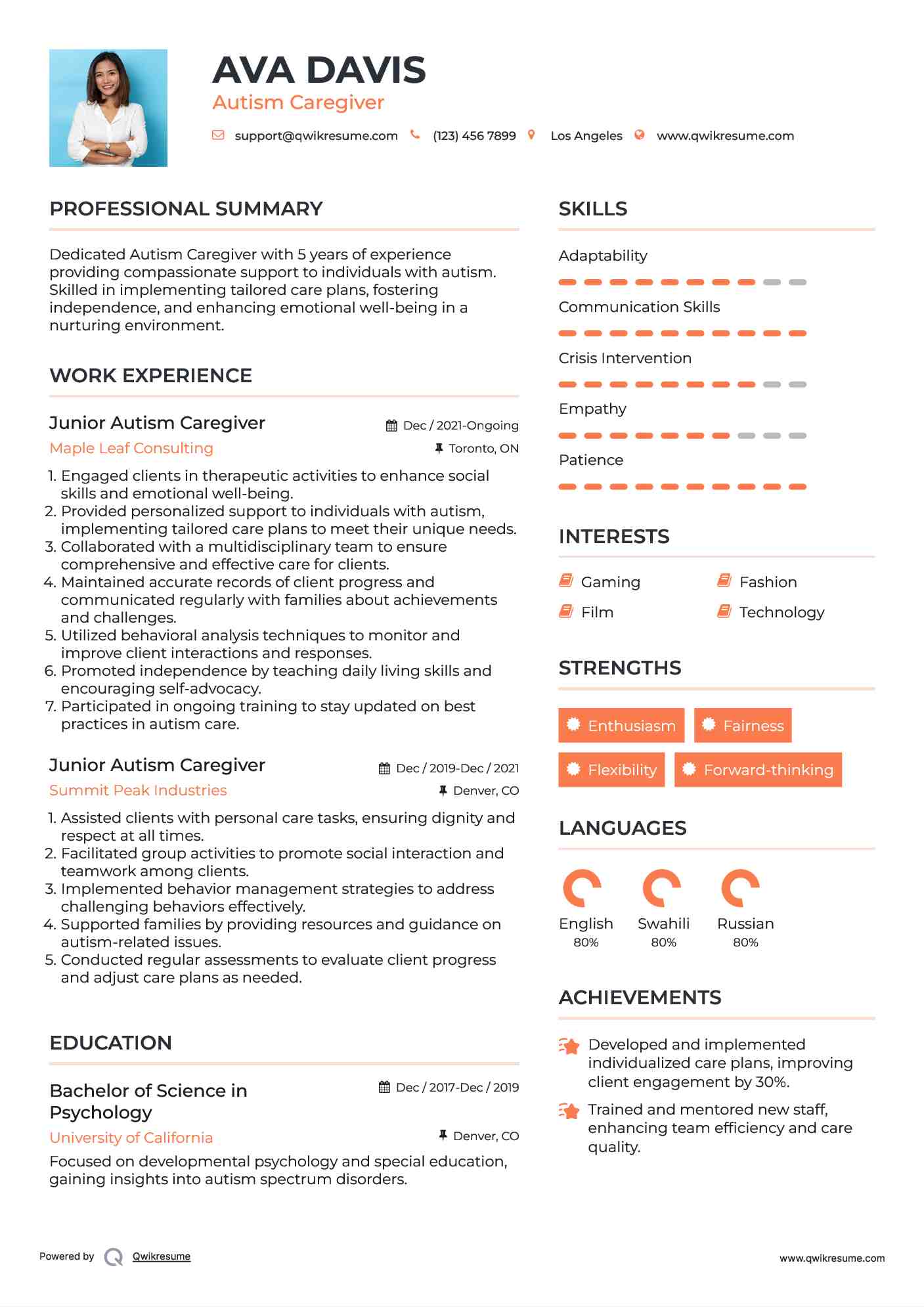 Junior Autism Caregiver Resume Template