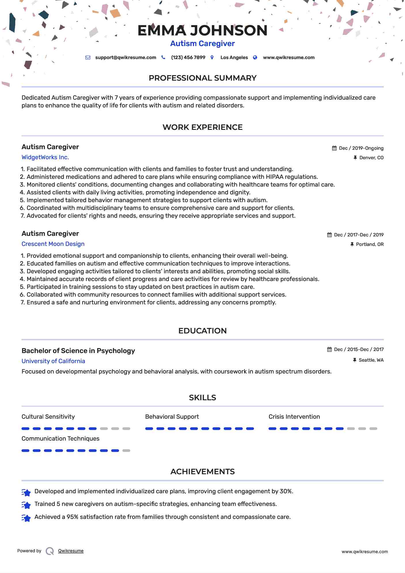 Autism Caregiver Resume Model