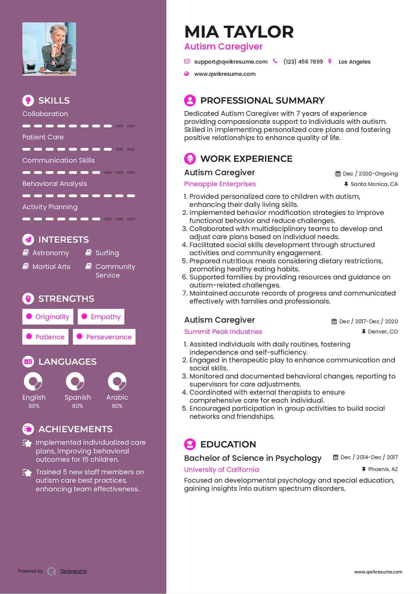 Autism Caregiver Resume Sample