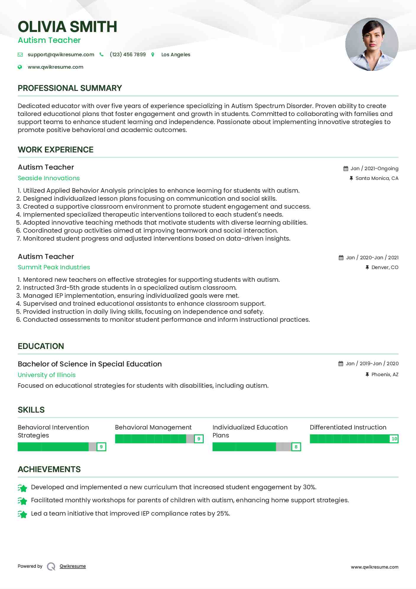 Autism Teacher Resume Format