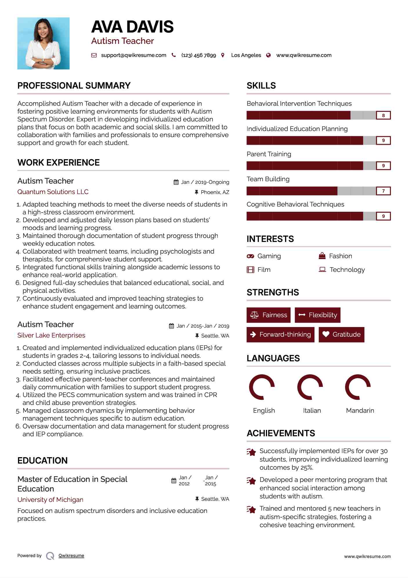 Autism Teacher Resume Sample