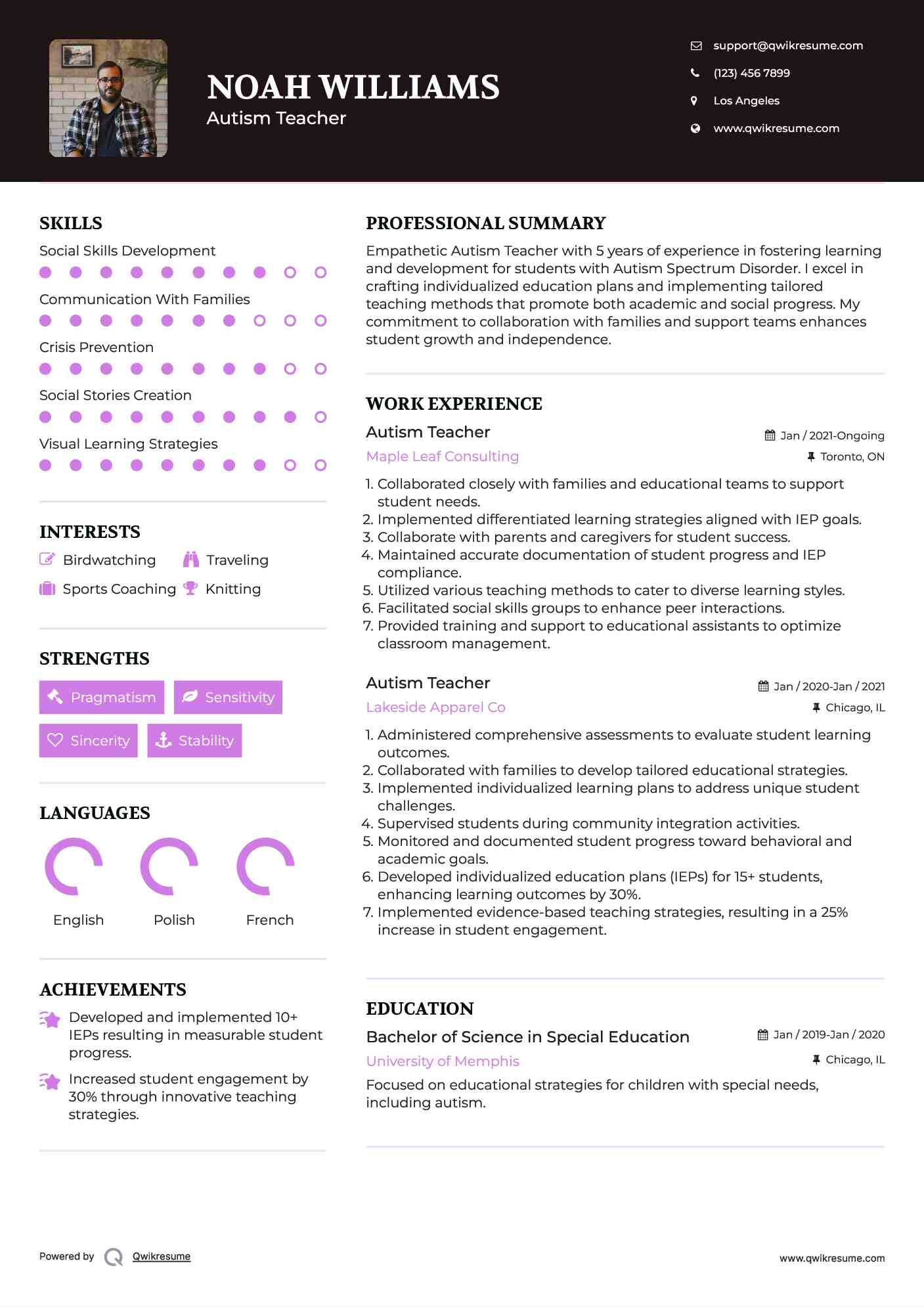 Autism Teacher Resume Sample