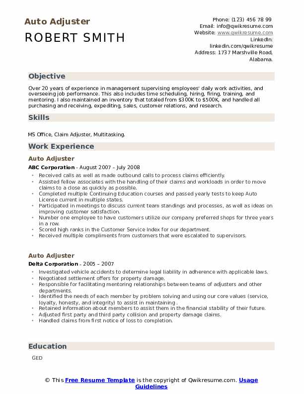 Auto Adjuster Resume Samples QwikResume