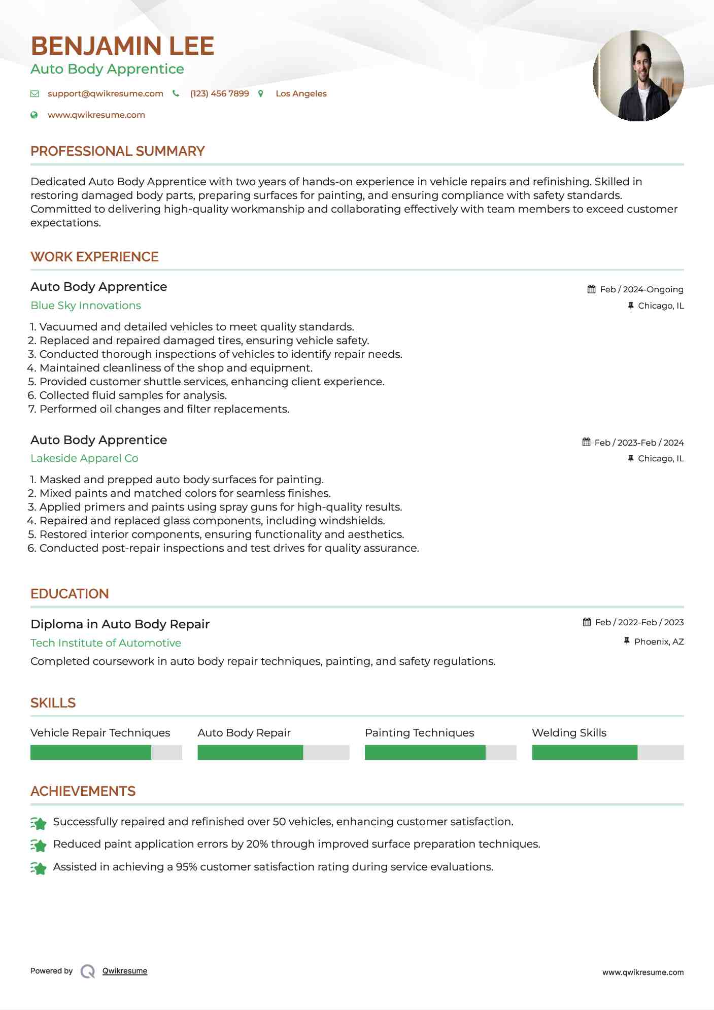 Auto Body Apprentice Resume Samples QwikResume