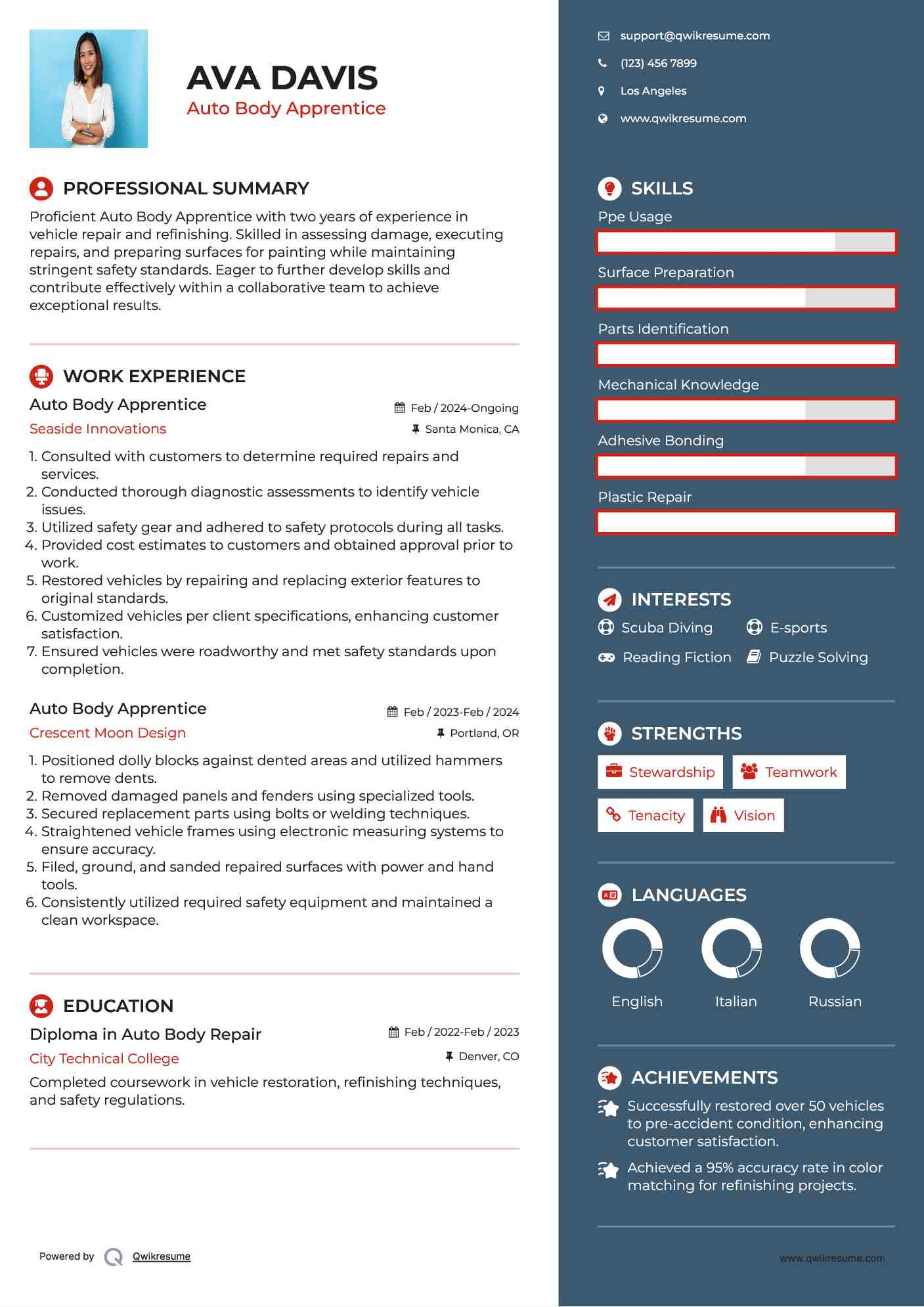 Auto Body Apprentice Resume Samples QwikResume