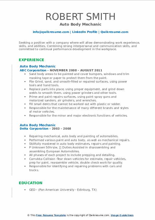 Auto Body Mechanic Resume Samples QwikResume