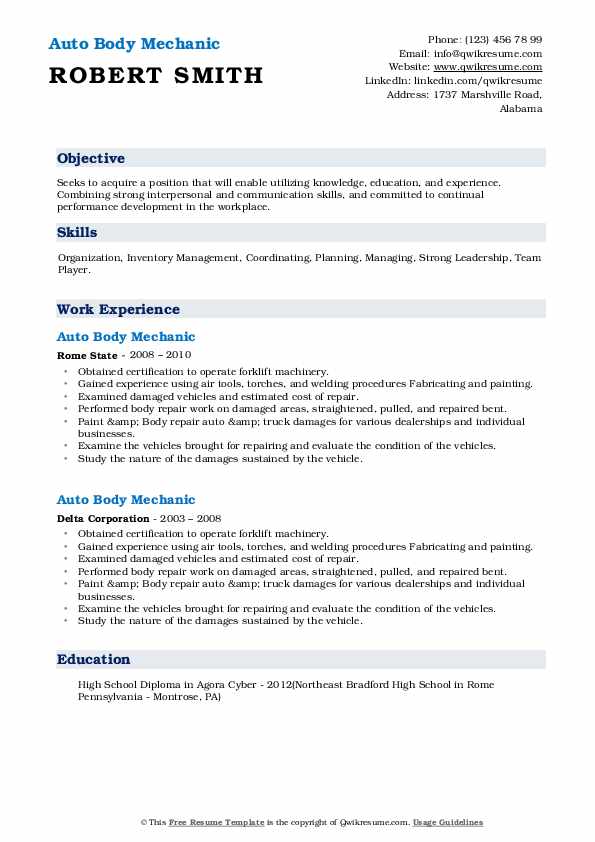 Auto Body Mechanic Resume Samples QwikResume