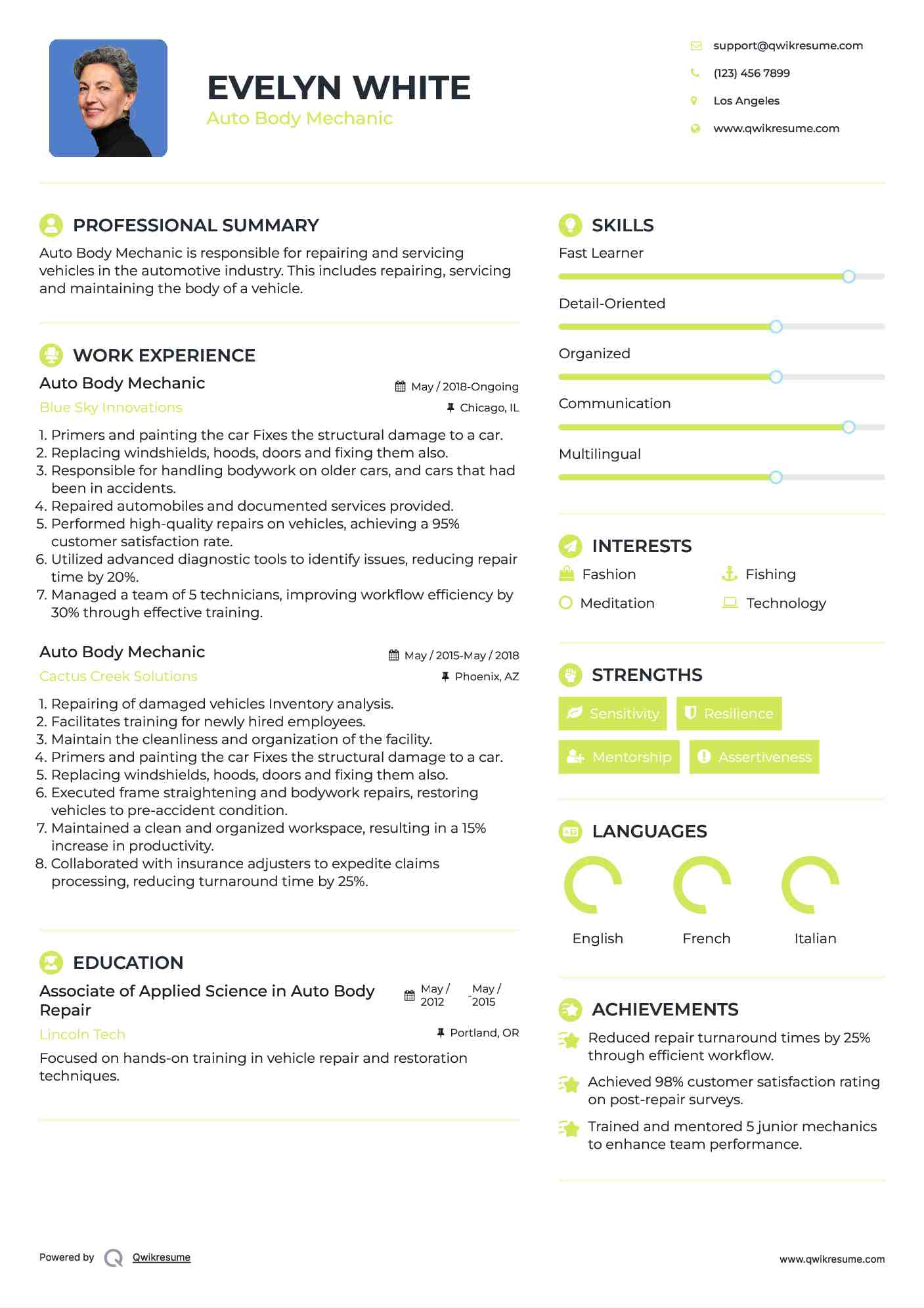 Auto Body Mechanic Resume Model
