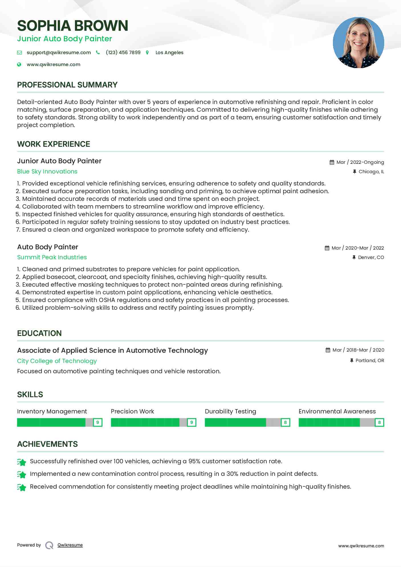 Junior Auto Body Painter
 Resume Example