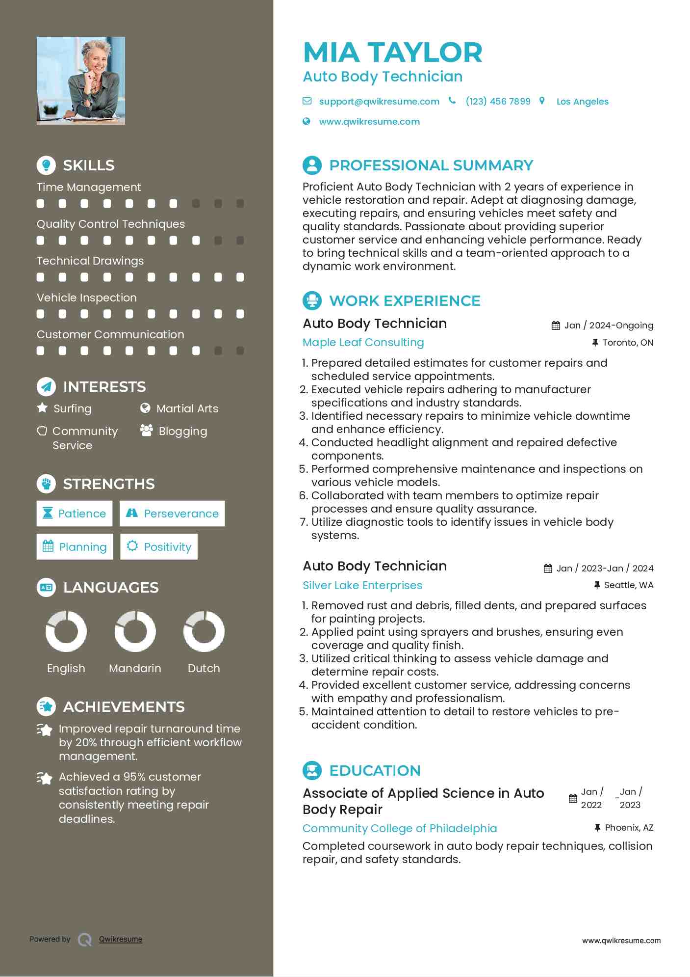 Auto Body Technician Resume Sample