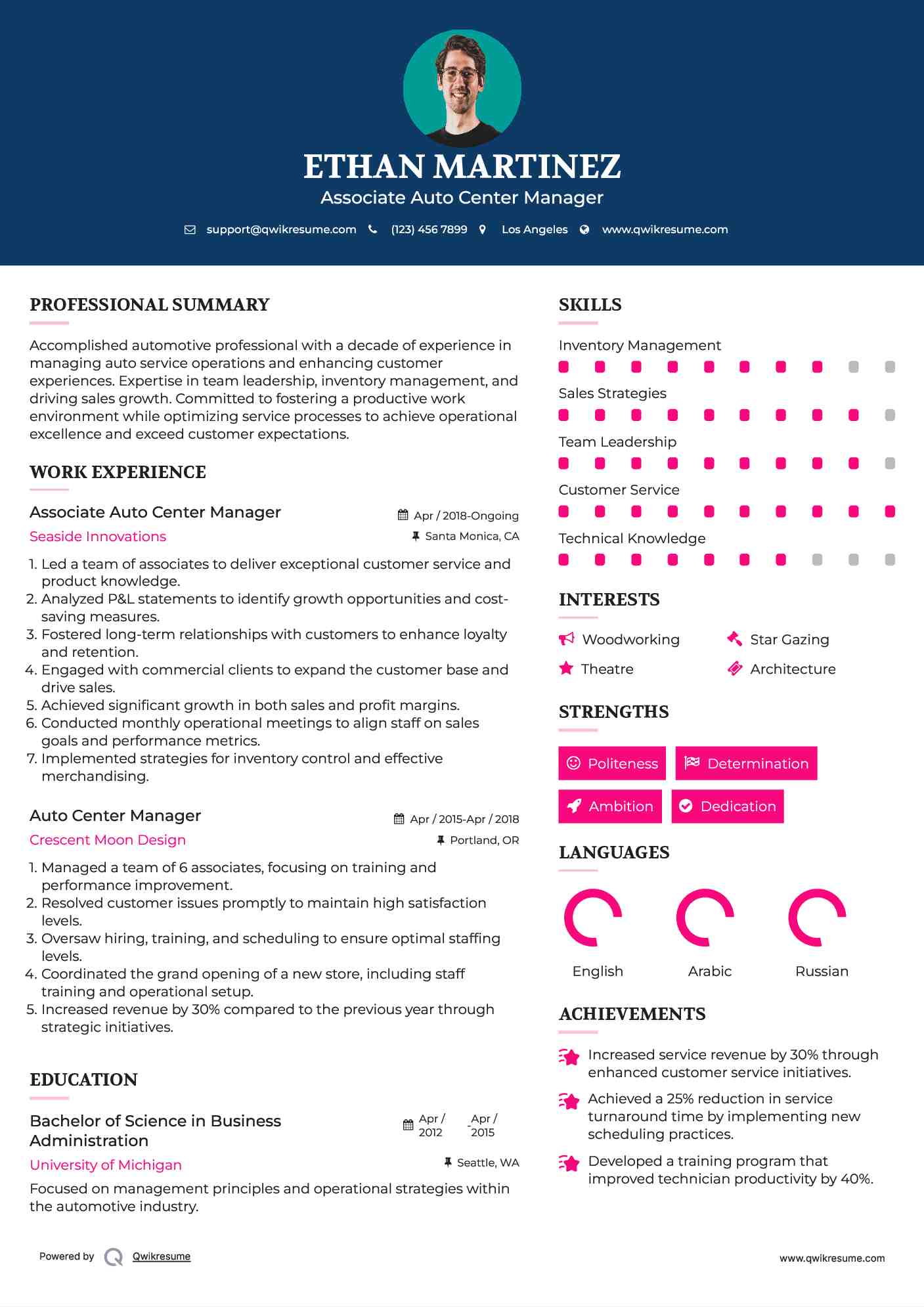 Associate Auto Center Manager Resume Sample