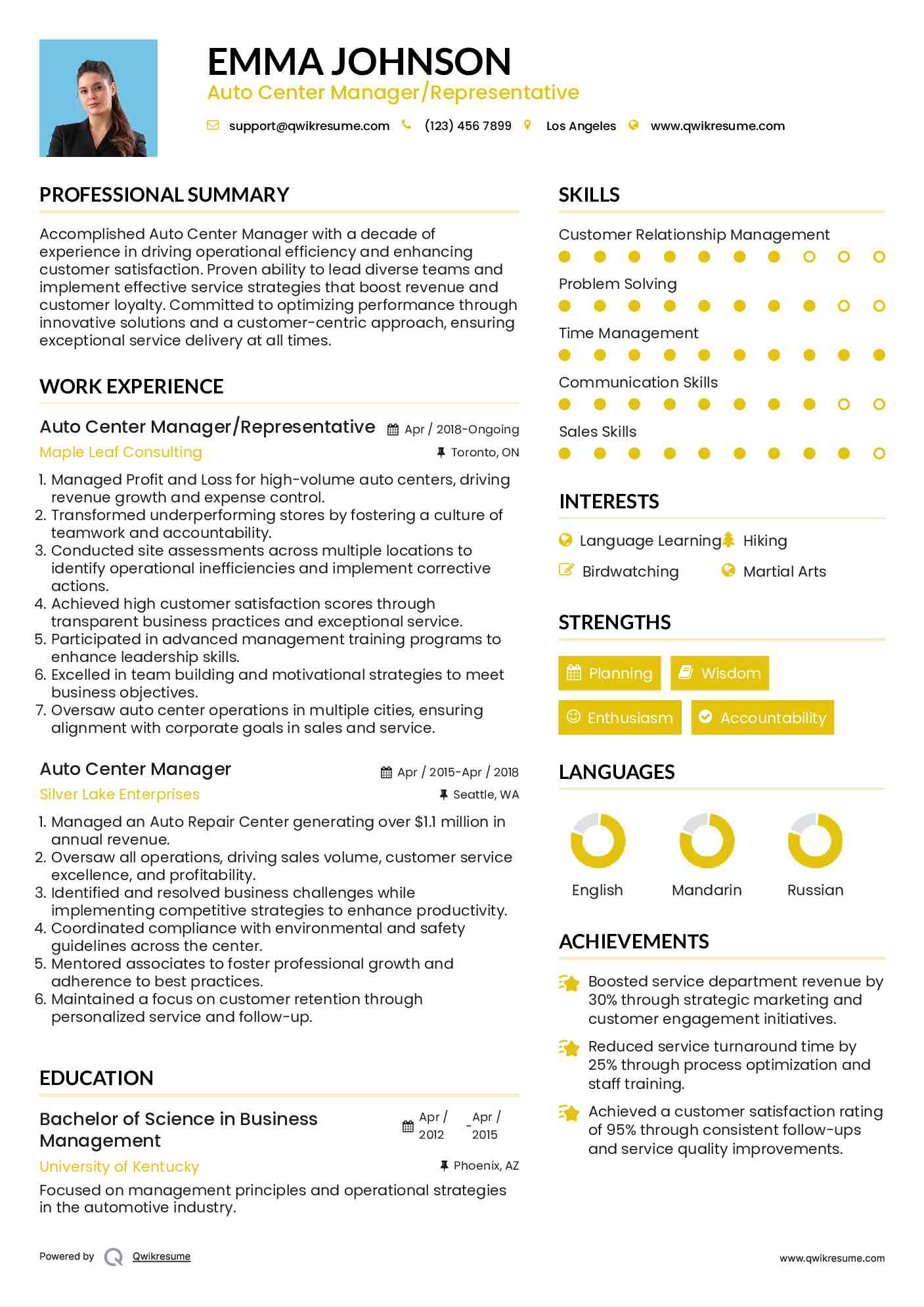 Auto Center Manager/Representative Resume Template