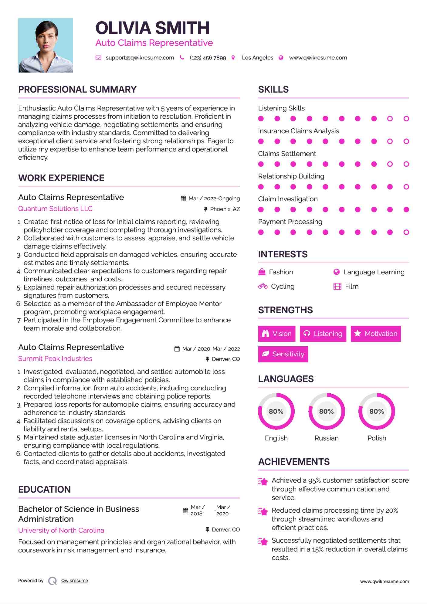 Auto Claims Representative Resume Sample