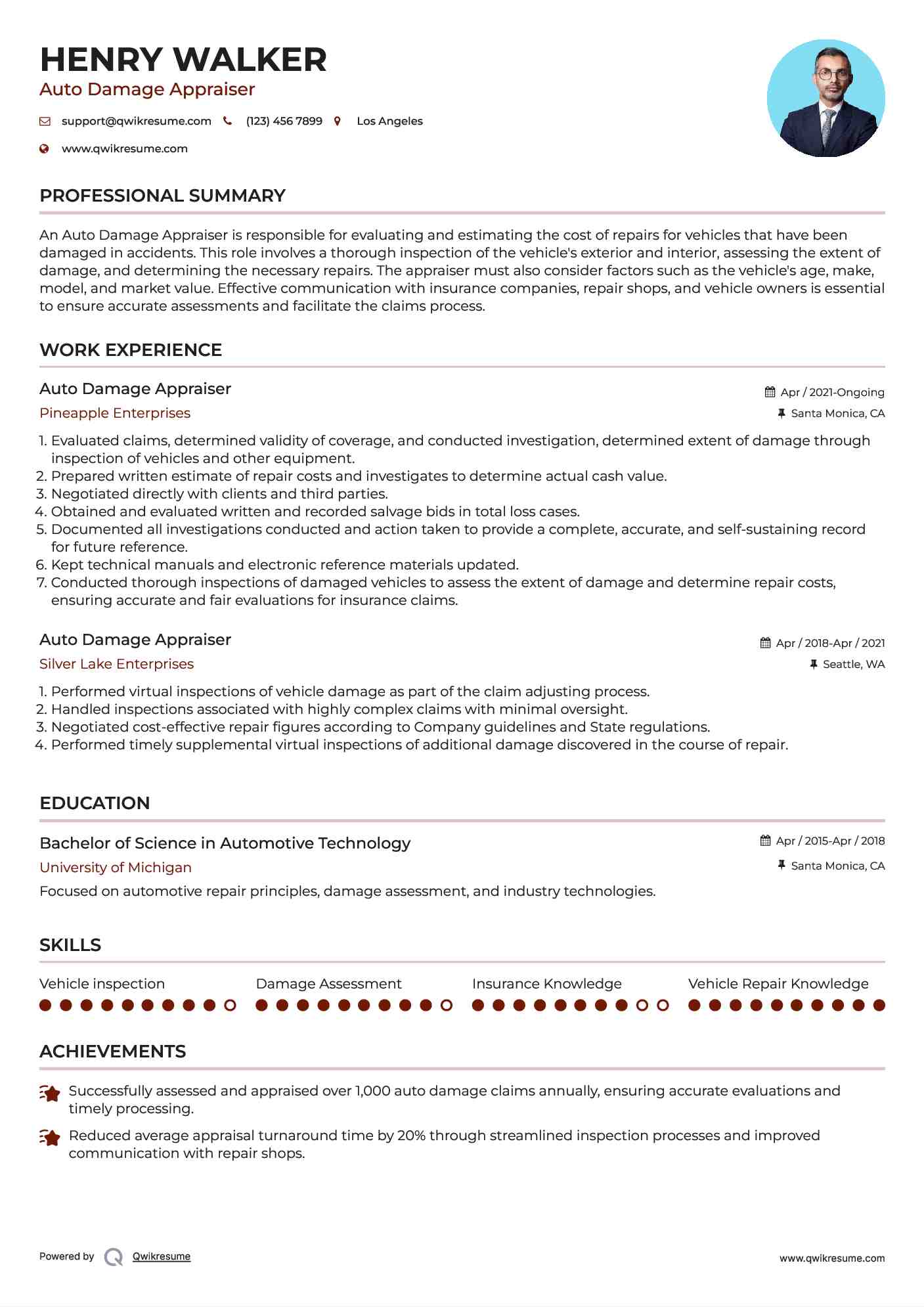 Auto Damage Appraiser Resume Sample