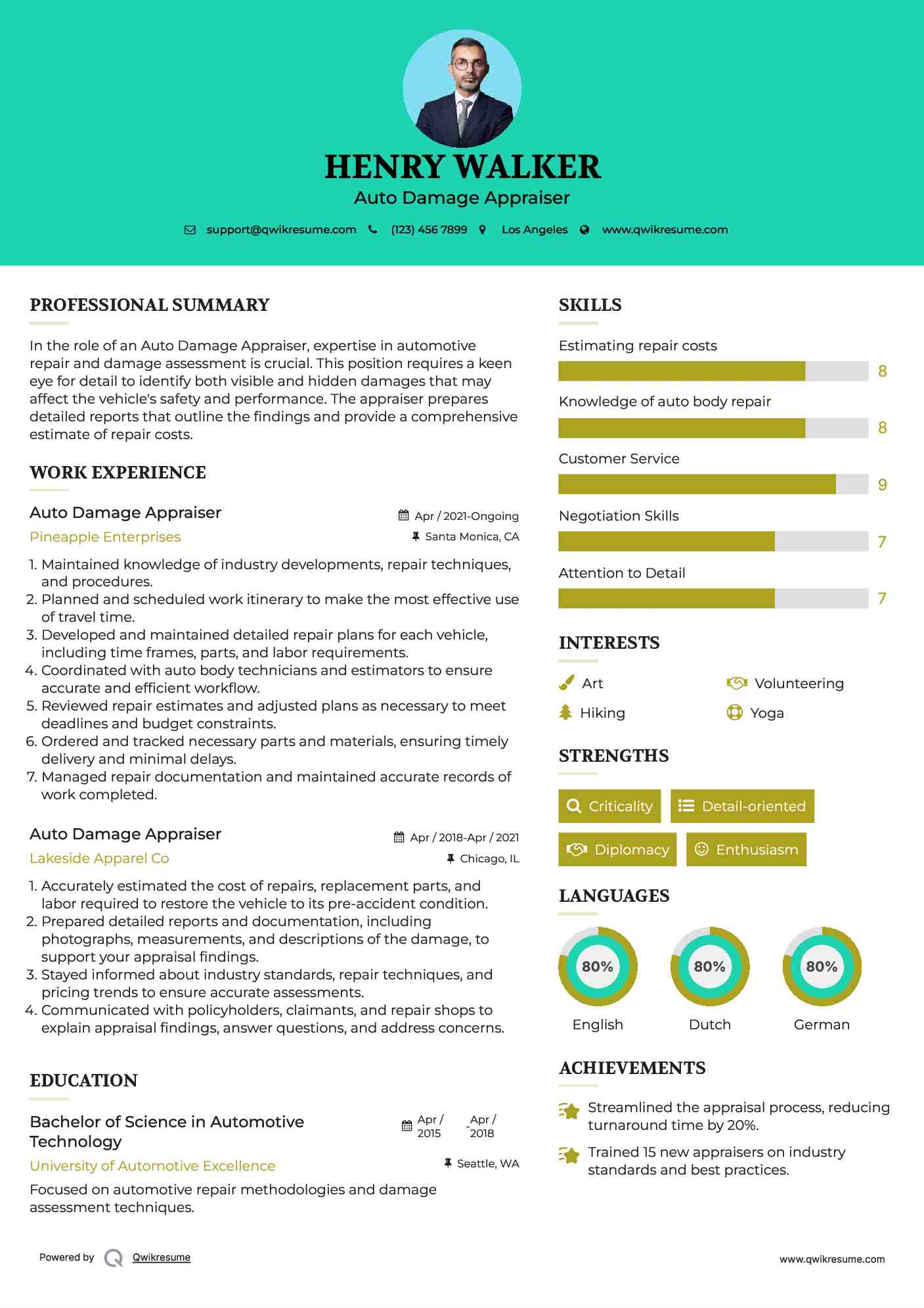 Auto Damage Appraiser Resume Template