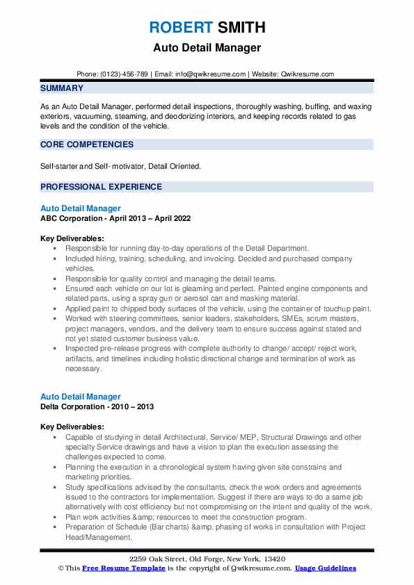 Auto Detail Manager Resume Samples QwikResume
