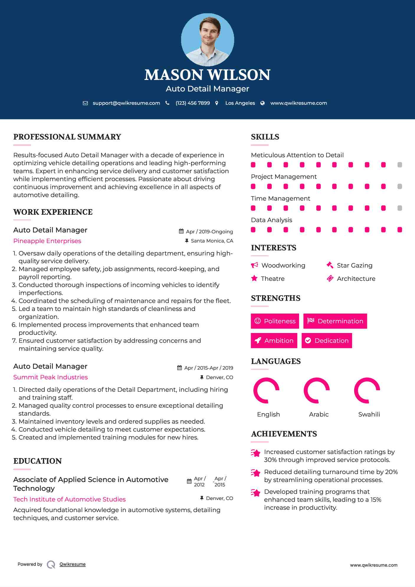 Auto Detail Manager Resume Template