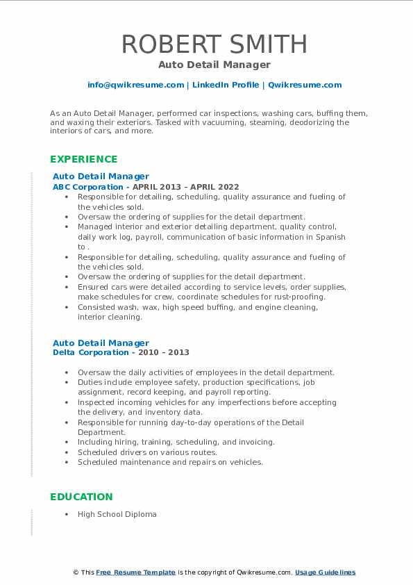 Auto Detail Manager Resume Samples QwikResume