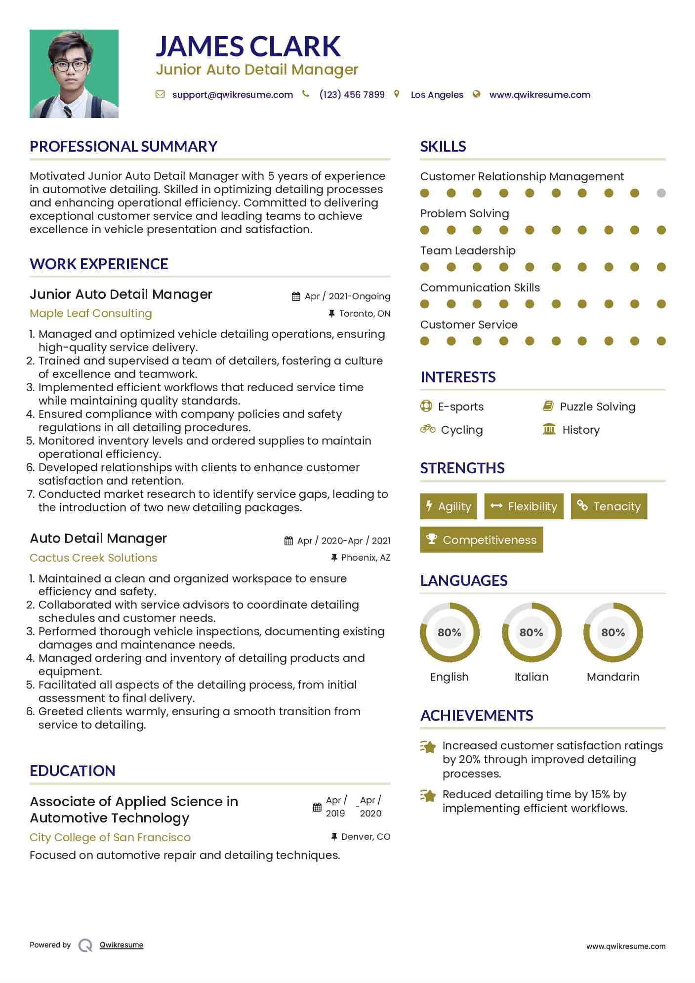 Junior Auto Detail Manager Resume Sample