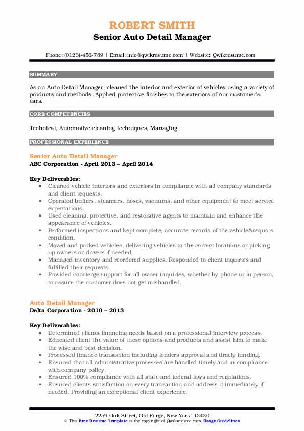 Auto Detail Manager Resume Samples QwikResume