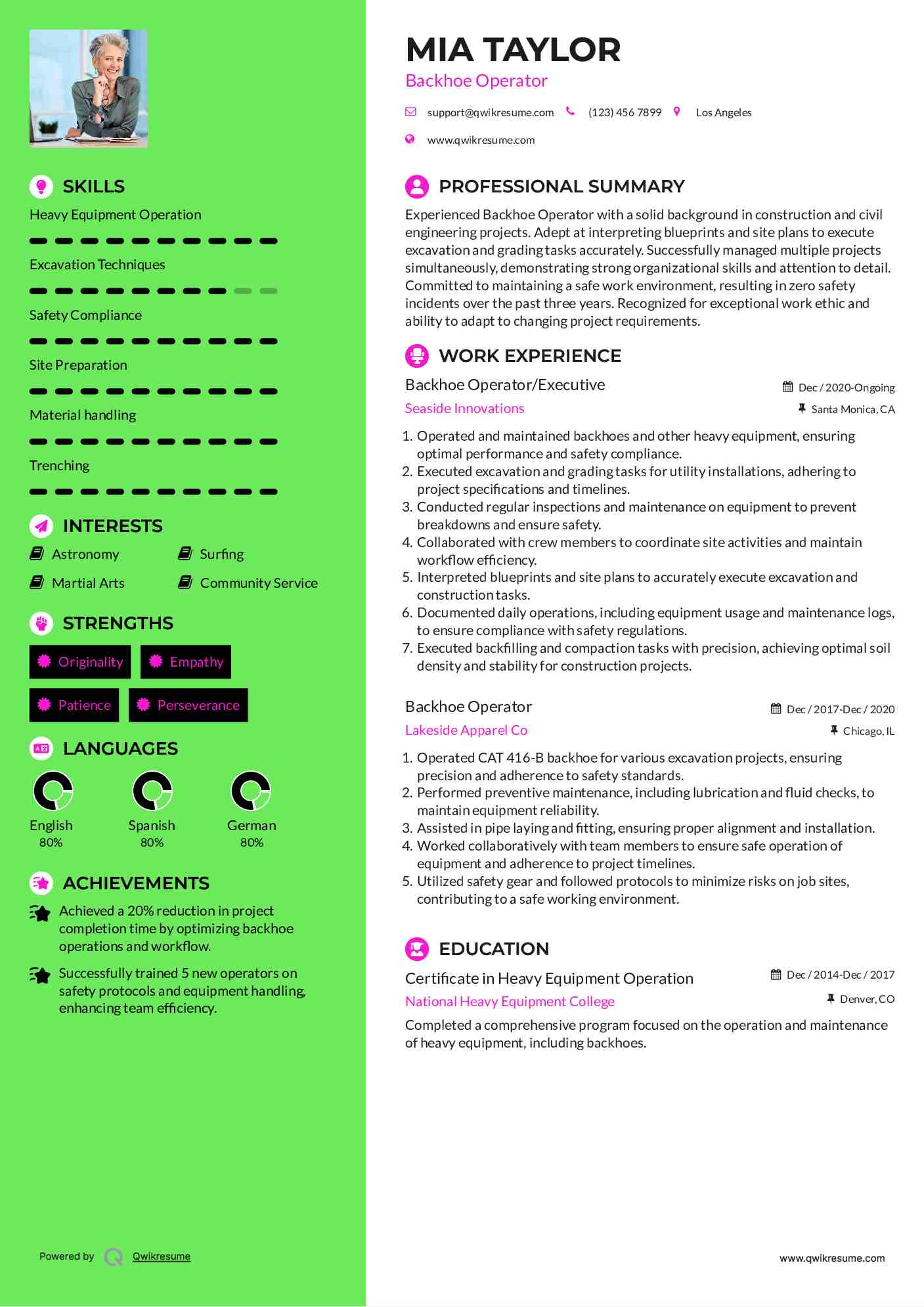 Backhoe Operator Resume Samples QwikResume