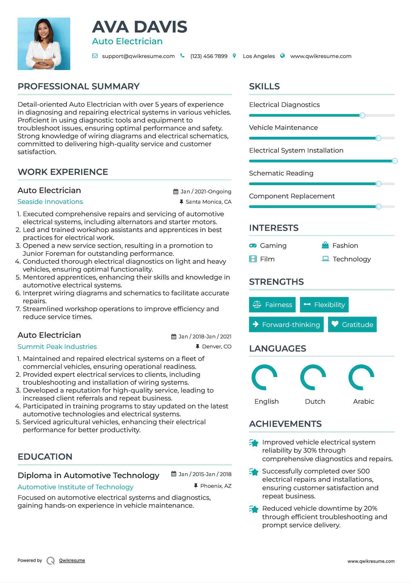 Auto Electrician Resume Format